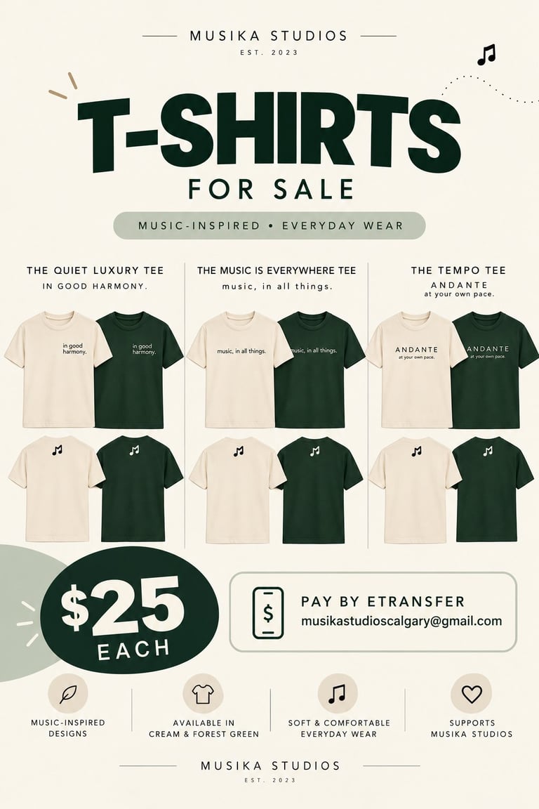 Musika Studios t-shirt sale poster featuring music-inspired designs in cream and forest green, priced at $25 each with e-transfer payment option
