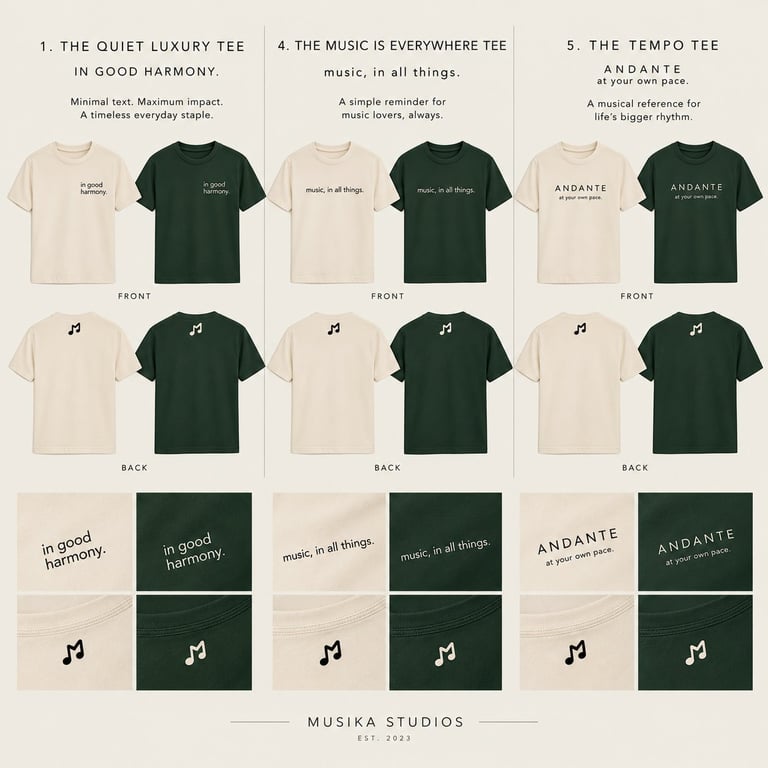 Product mockup showing three t-shirt designs from Musika Studios in cream and forest green, displayed front and back views with accompanying taglines and musical note graphics